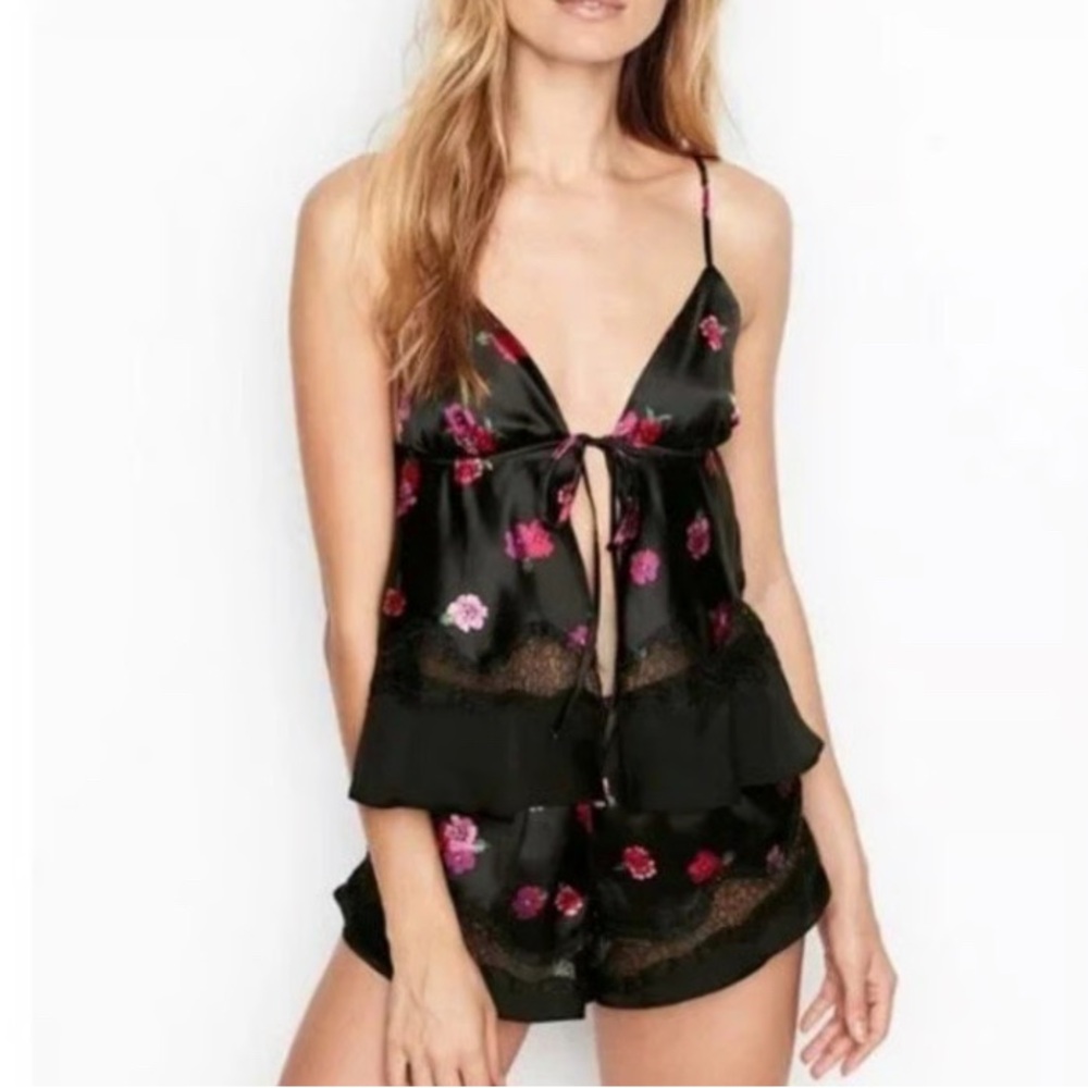 Victoria Secret Floral Black Lace Trim Sleepwear Set